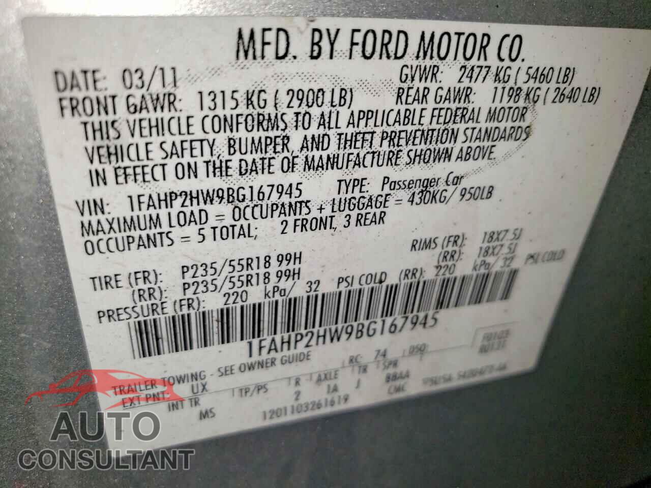 FORD TAURUS 2011 - 1FAHP2HW9BG167945