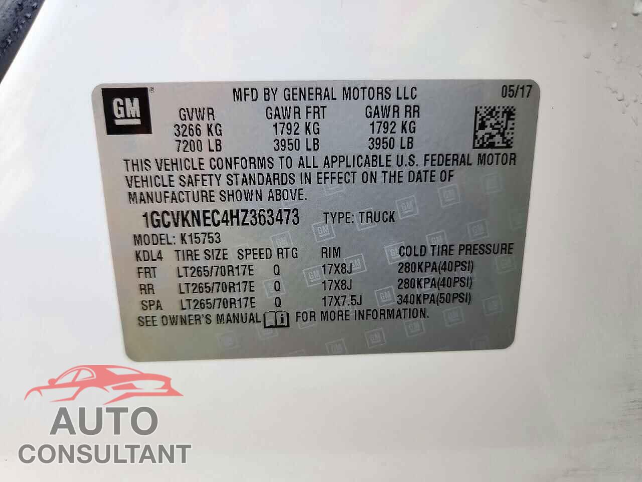 CHEVROLET SILVERADO 2017 - 1GCVKNEC4HZ363473