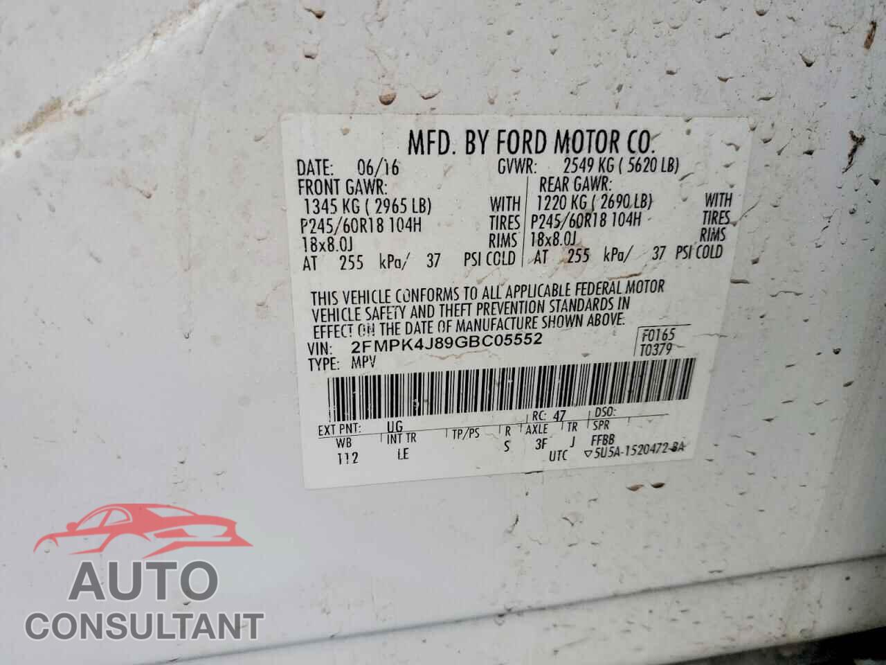 FORD EDGE 2016 - 2FMPK4J89GBC05552