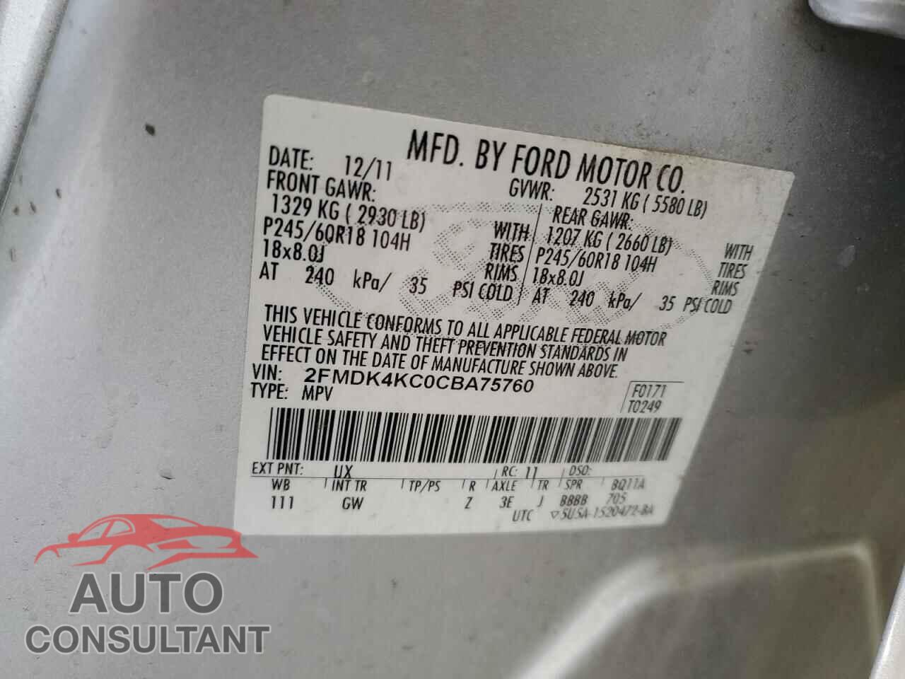 FORD EDGE 2012 - 2FMDK4KC0CBA75760