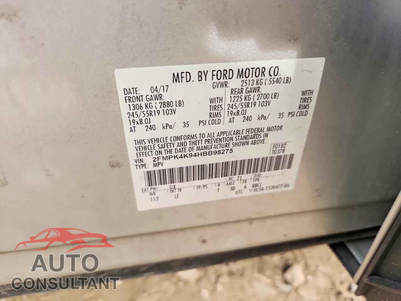FORD EDGE 2017 - 2FMPK4K94HBB98275