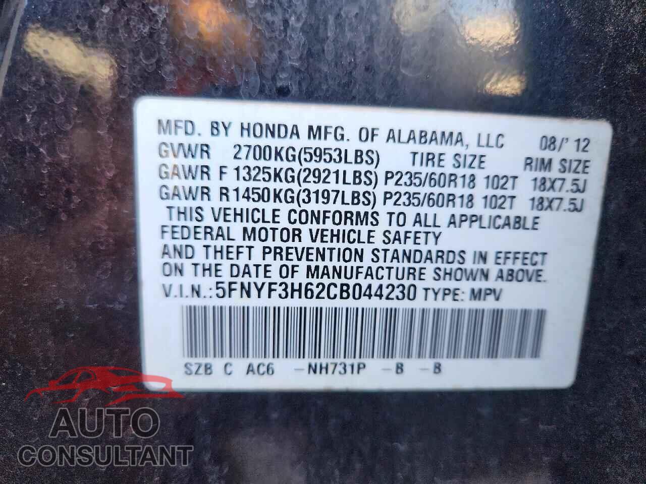 HONDA PILOT 2012 - 5FNYF3H62CB044230