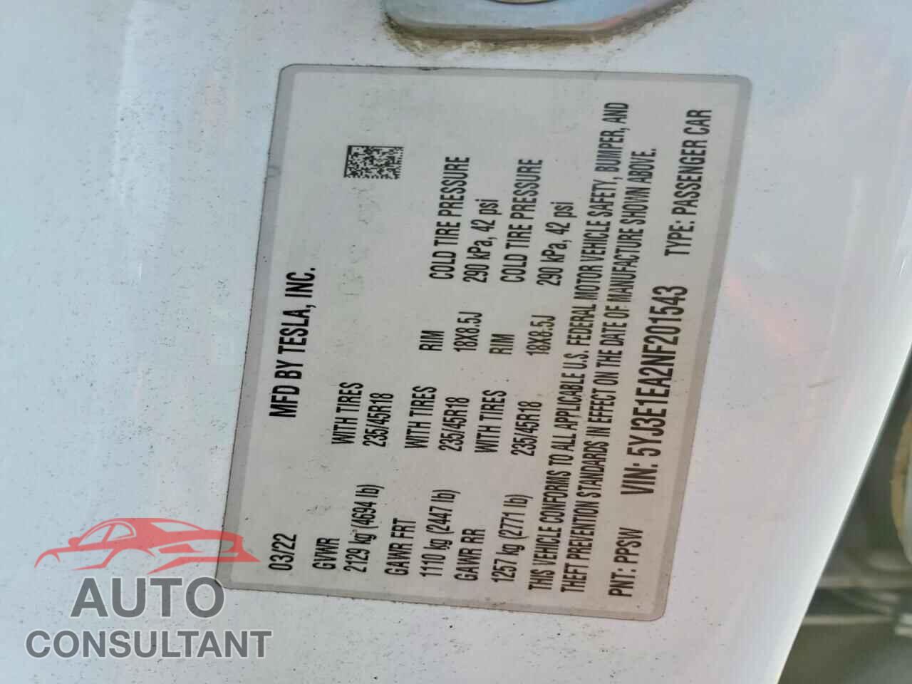 TESLA MODEL 3 2022 - 5YJ3E1EA2NF201543