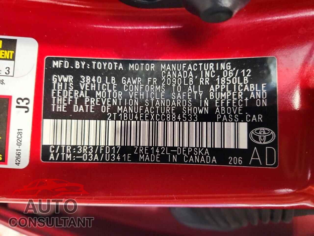 TOYOTA COROLLA 2012 - 2T1BU4EEXCC884533