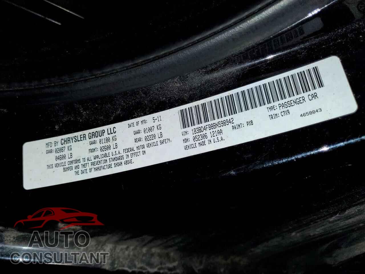 DODGE AVENGER 2011 - 1B3BD4FB8BN598942