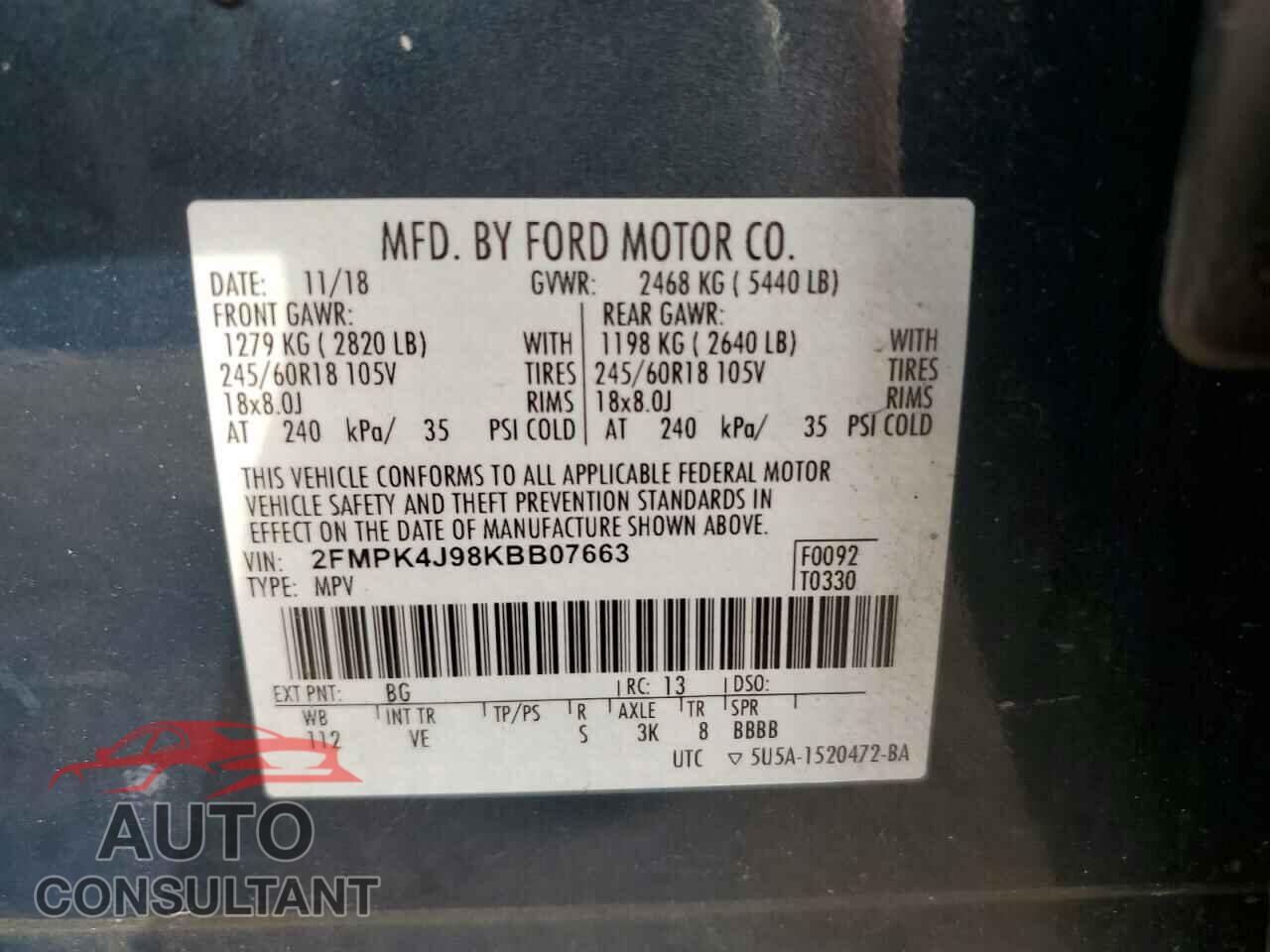 FORD EDGE 2019 - 2FMPK4J98KBB07663