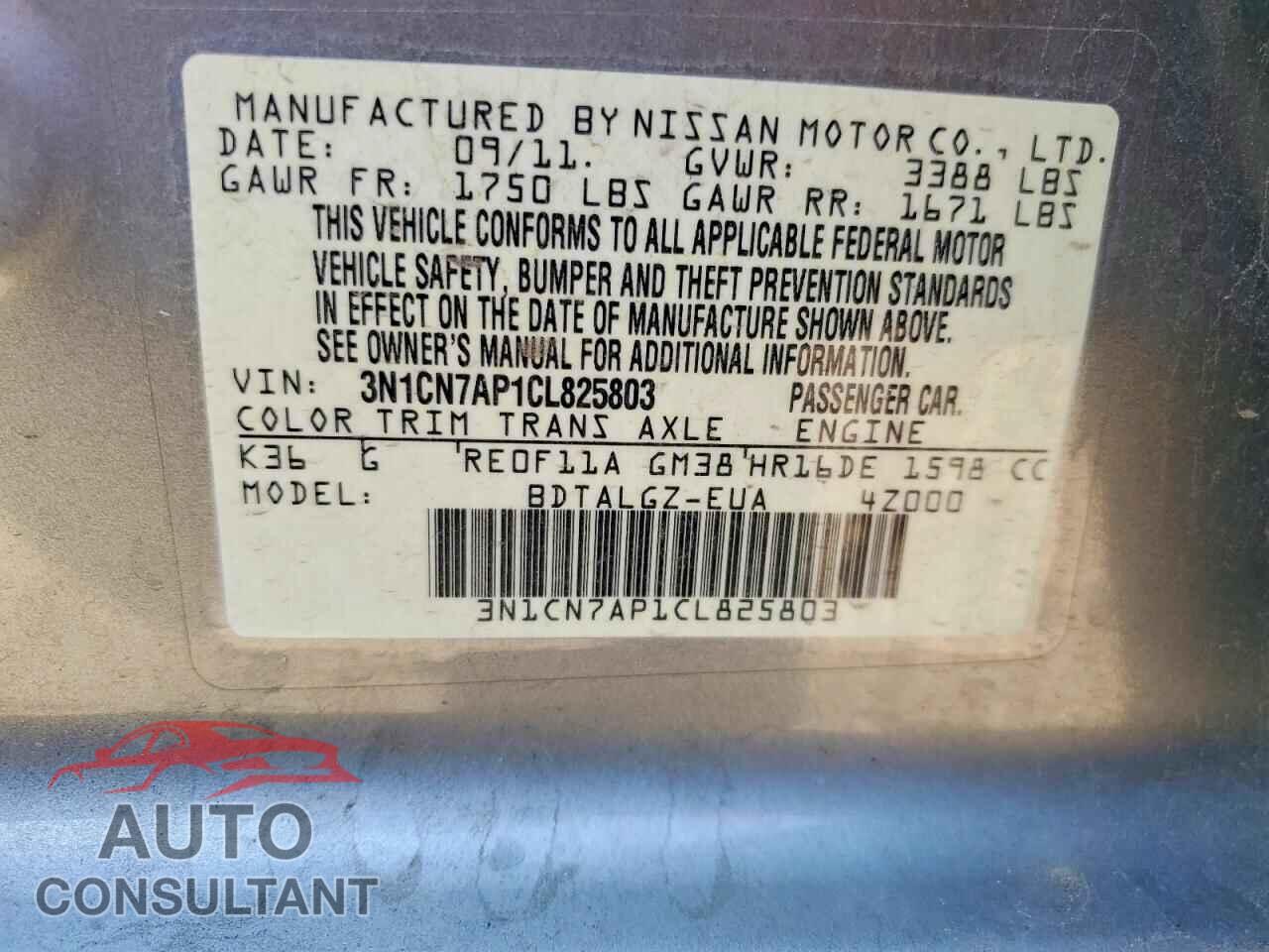 NISSAN VERSA 2012 - 3N1CN7AP1CL825803
