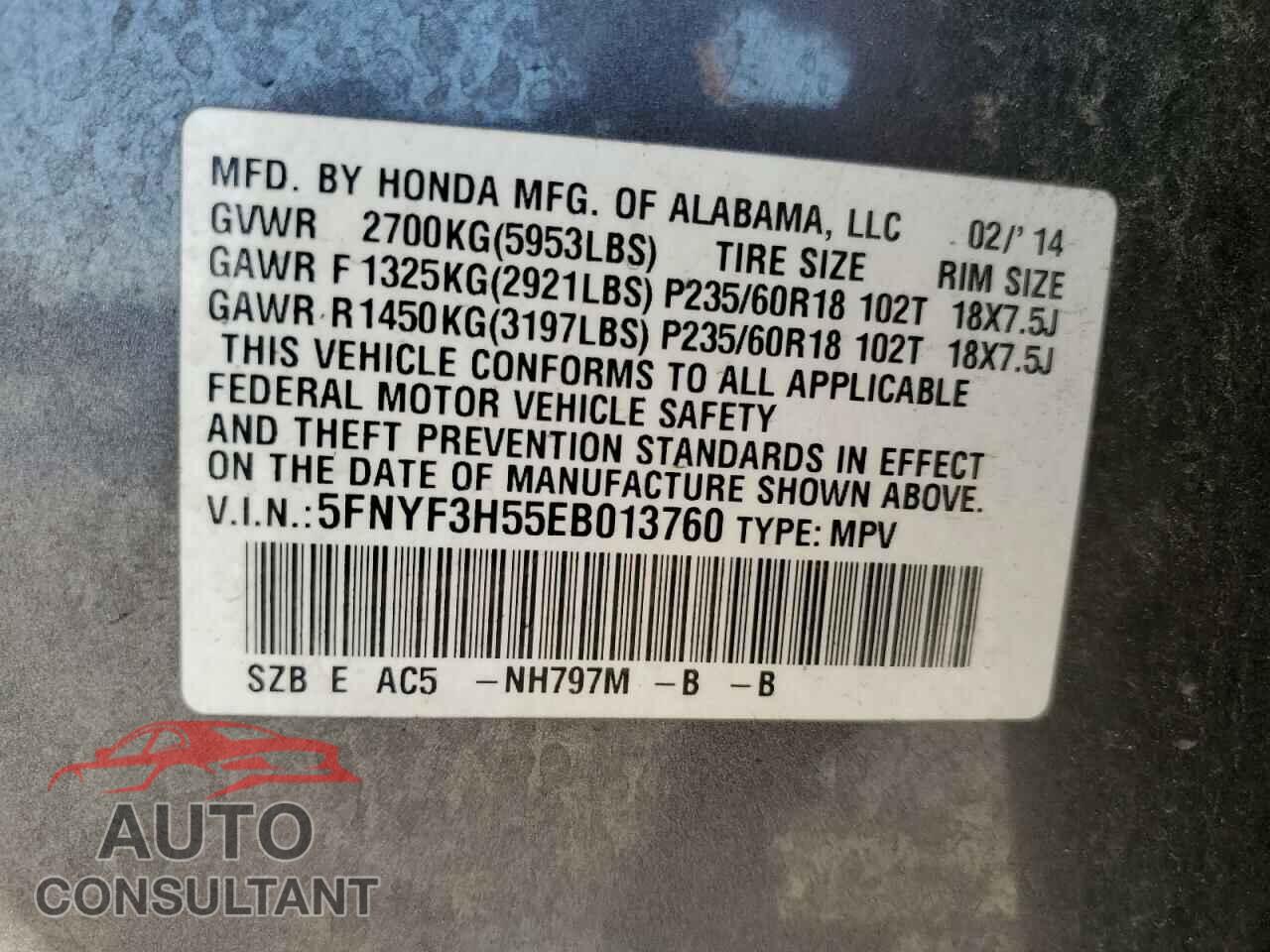 HONDA PILOT 2014 - 5FNYF3H55EB013760