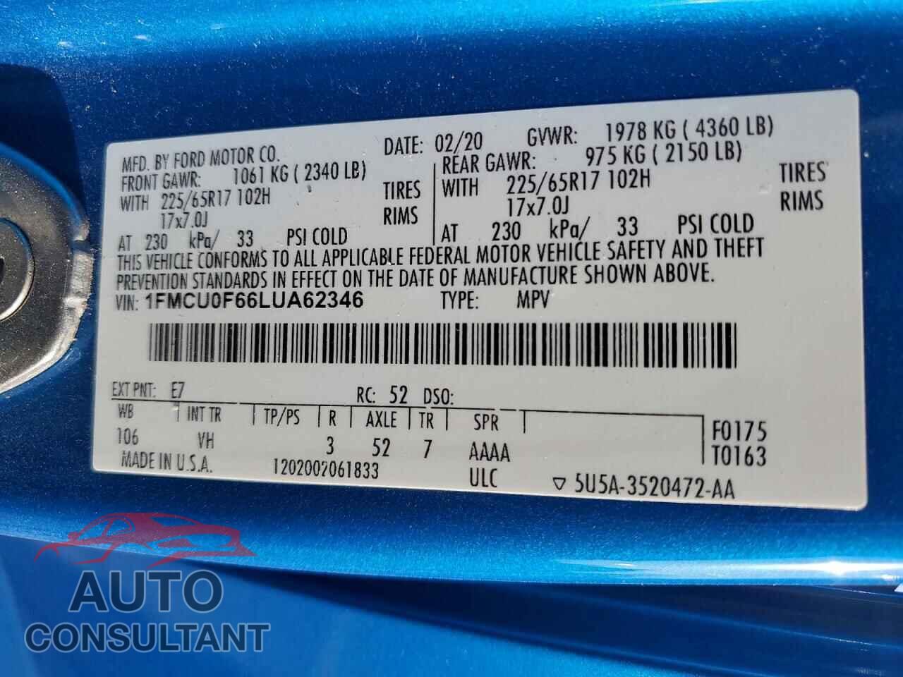 FORD ESCAPE 2020 - 1FMCU0F66LUA62346