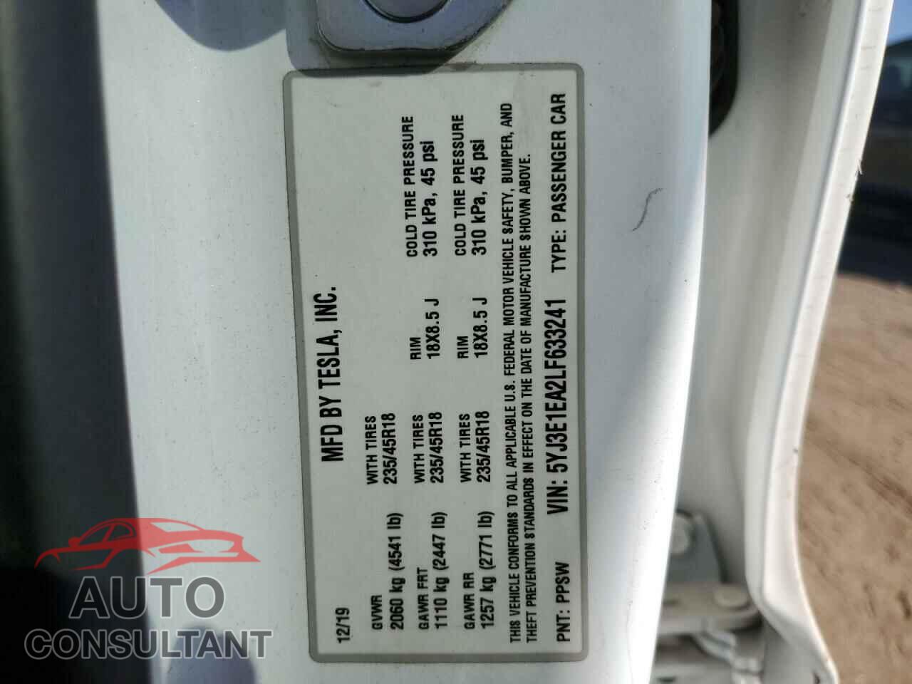 TESLA MODEL 3 2020 - 5YJ3E1EA2LF633241
