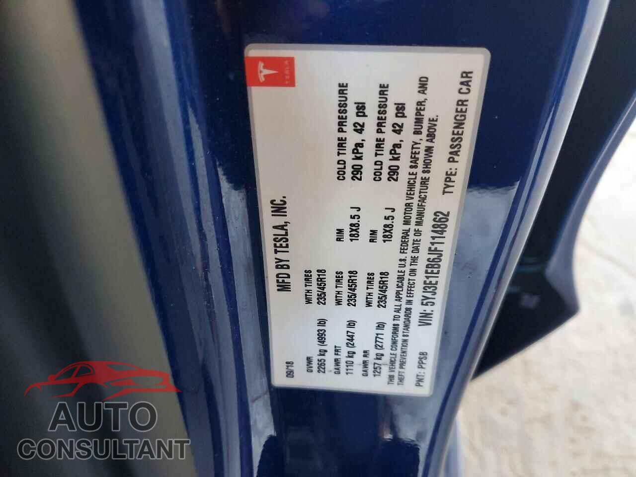 TESLA MODEL 3 2018 - 5YJ3E1EB6JF114862