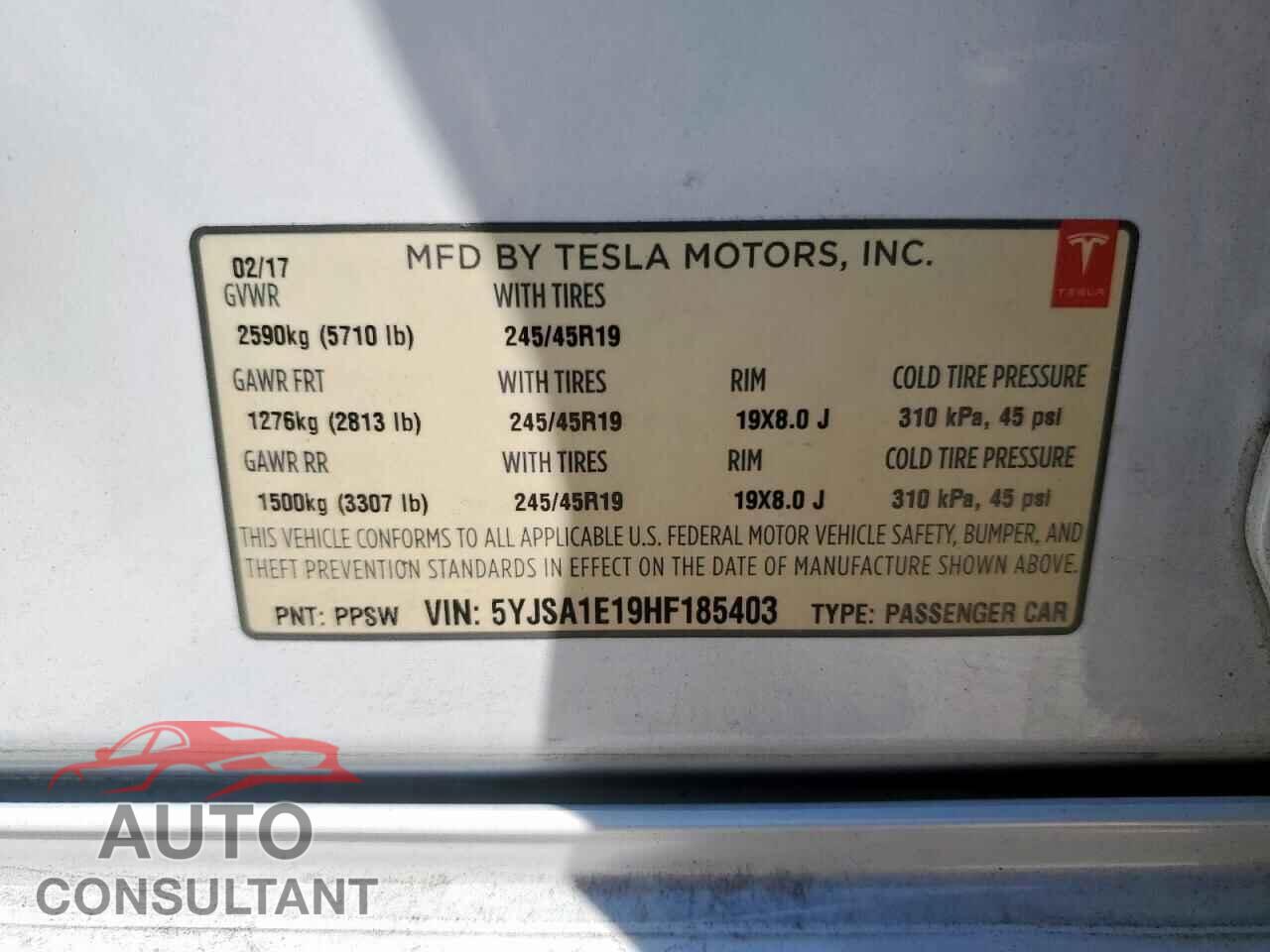 TESLA MODEL S 2017 - 5YJSA1E19HF185403