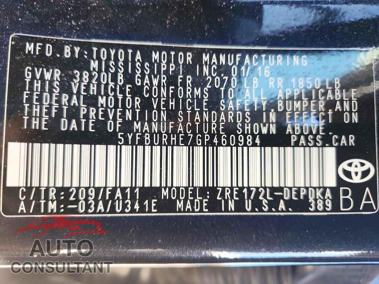 TOYOTA COROLLA 2016 - 5YFBURHE7GP460984