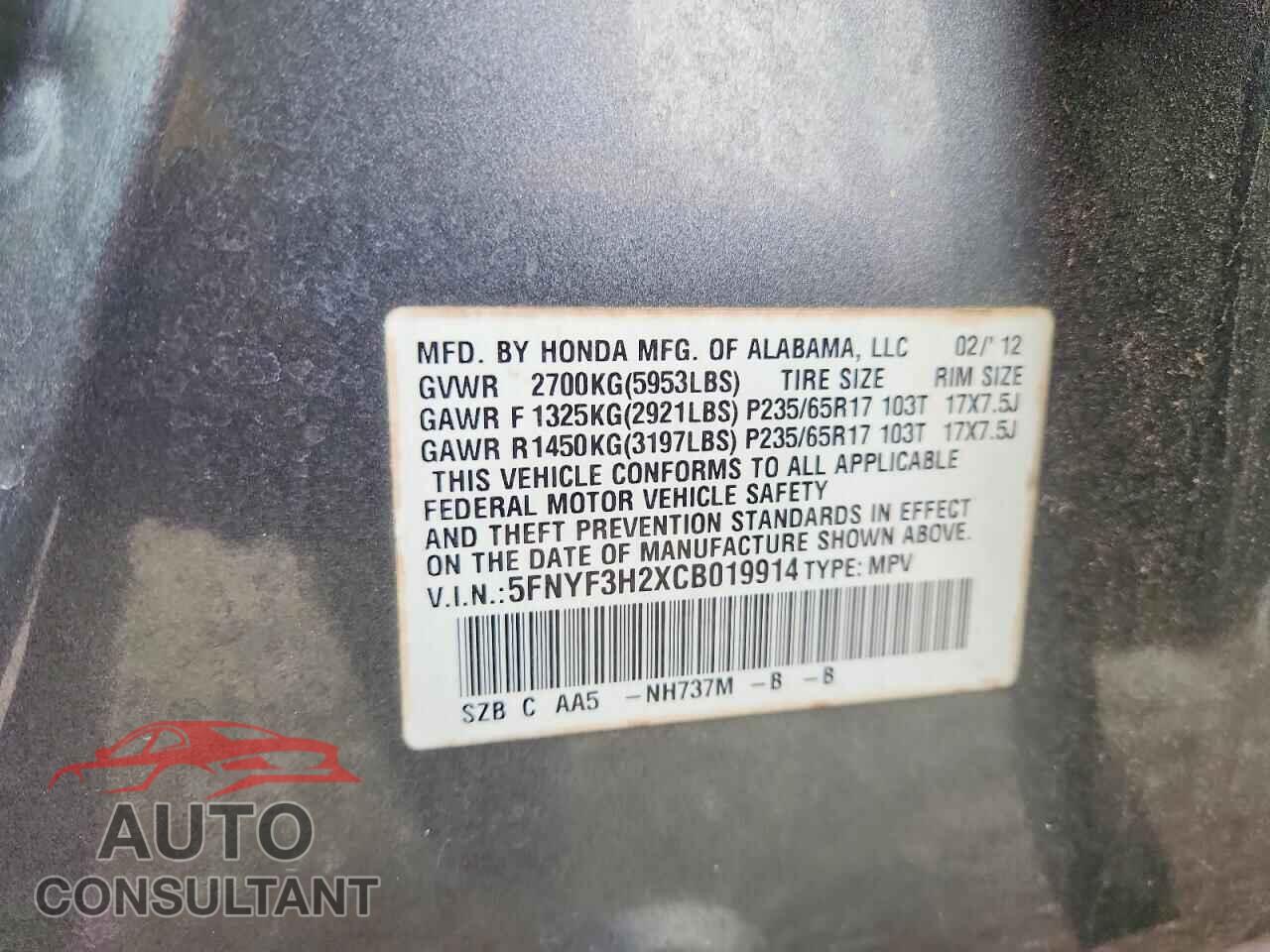 HONDA PILOT 2012 - 5FNYF3H2XCB019914