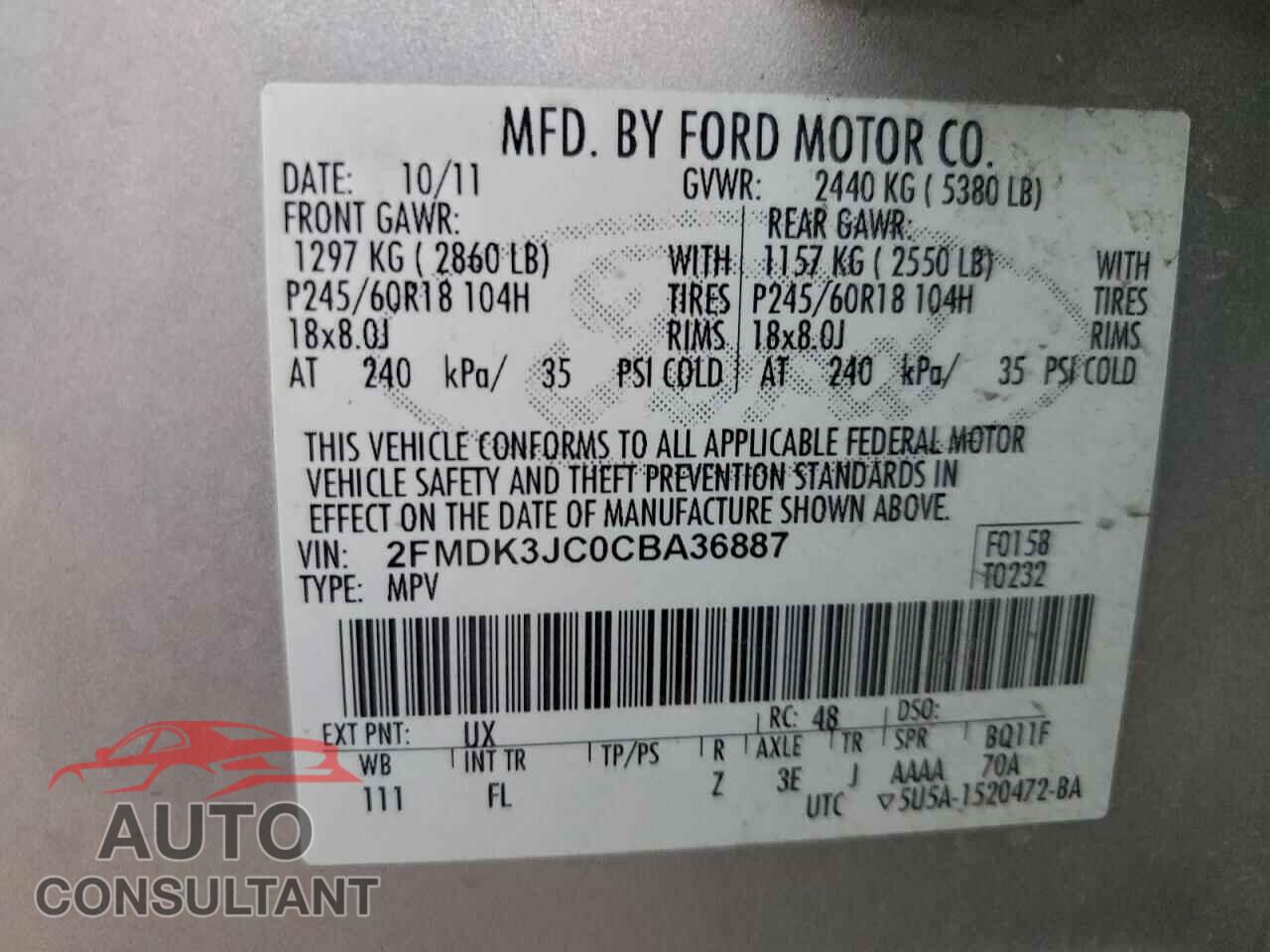 FORD EDGE 2012 - 2FMDK3JC0CBA36887