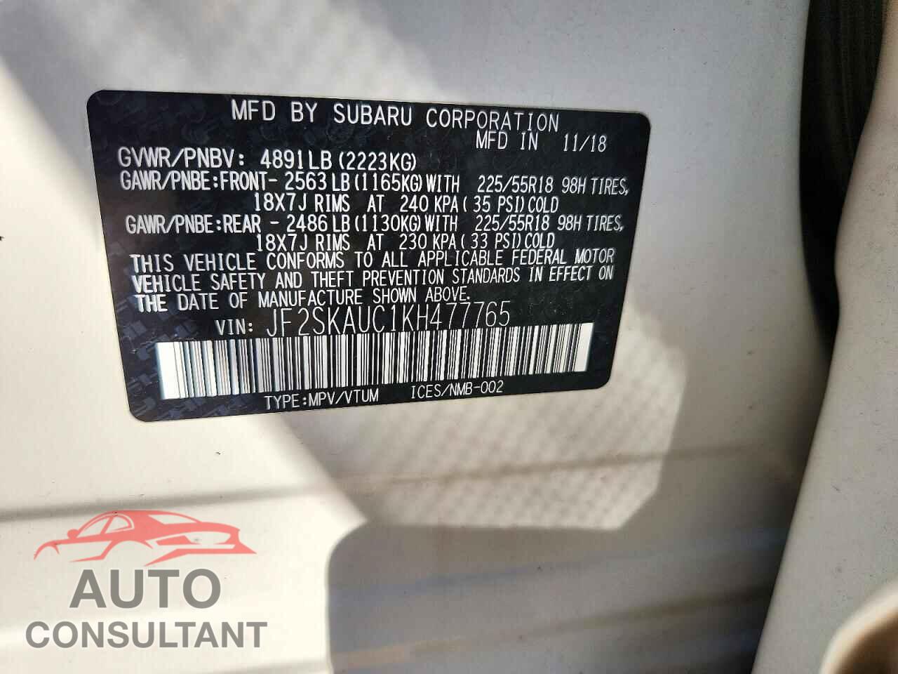 SUBARU FORESTER 2019 - JF2SKAUC1KH477765