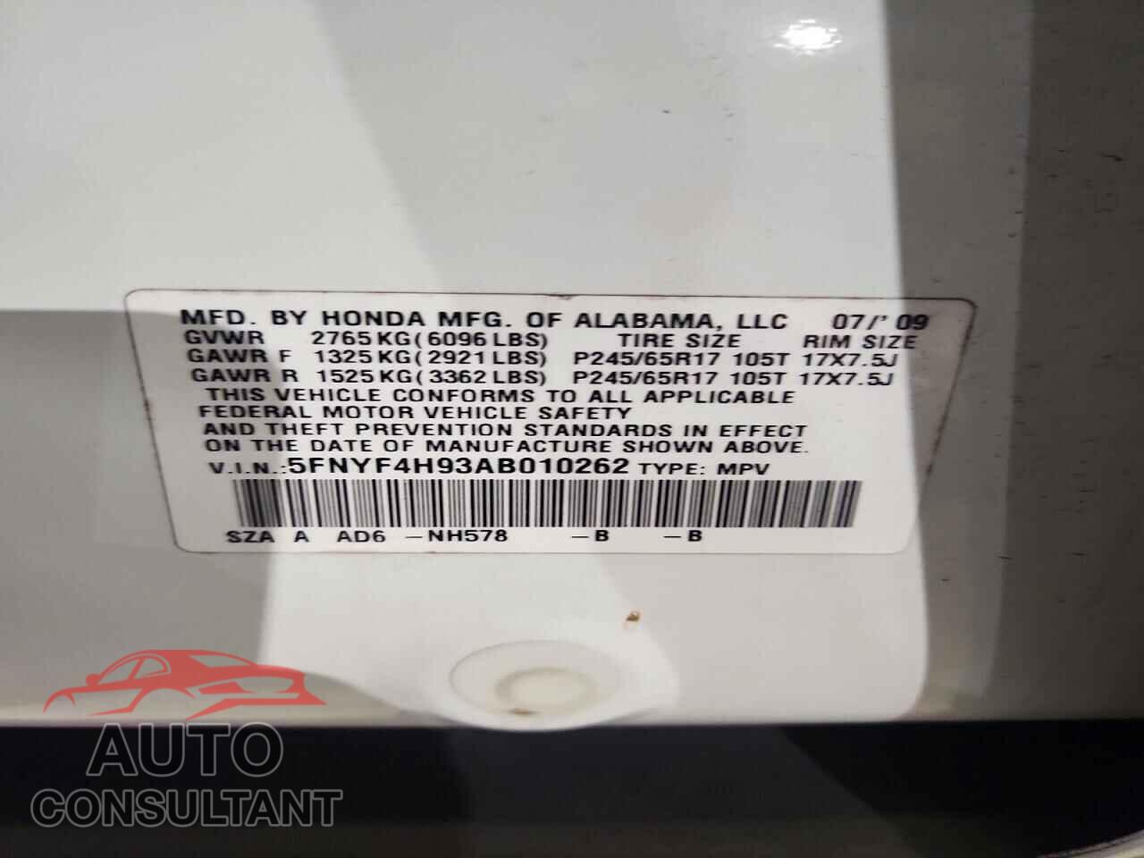 HONDA PILOT 2010 - 5FNYF4H93AB010262