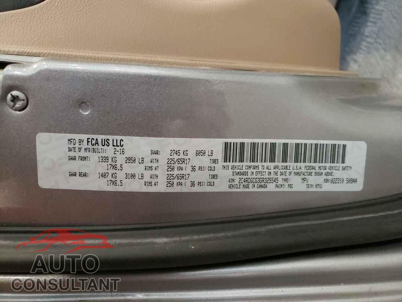 DODGE CARAVAN 2016 - 2C4RDGCG3GR325545