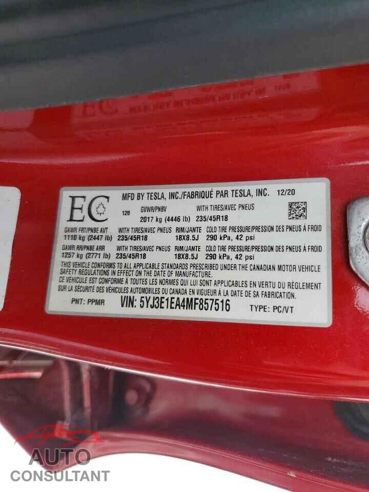 TESLA MODEL 3 2021 - 5YJ3E1EA4MF857516