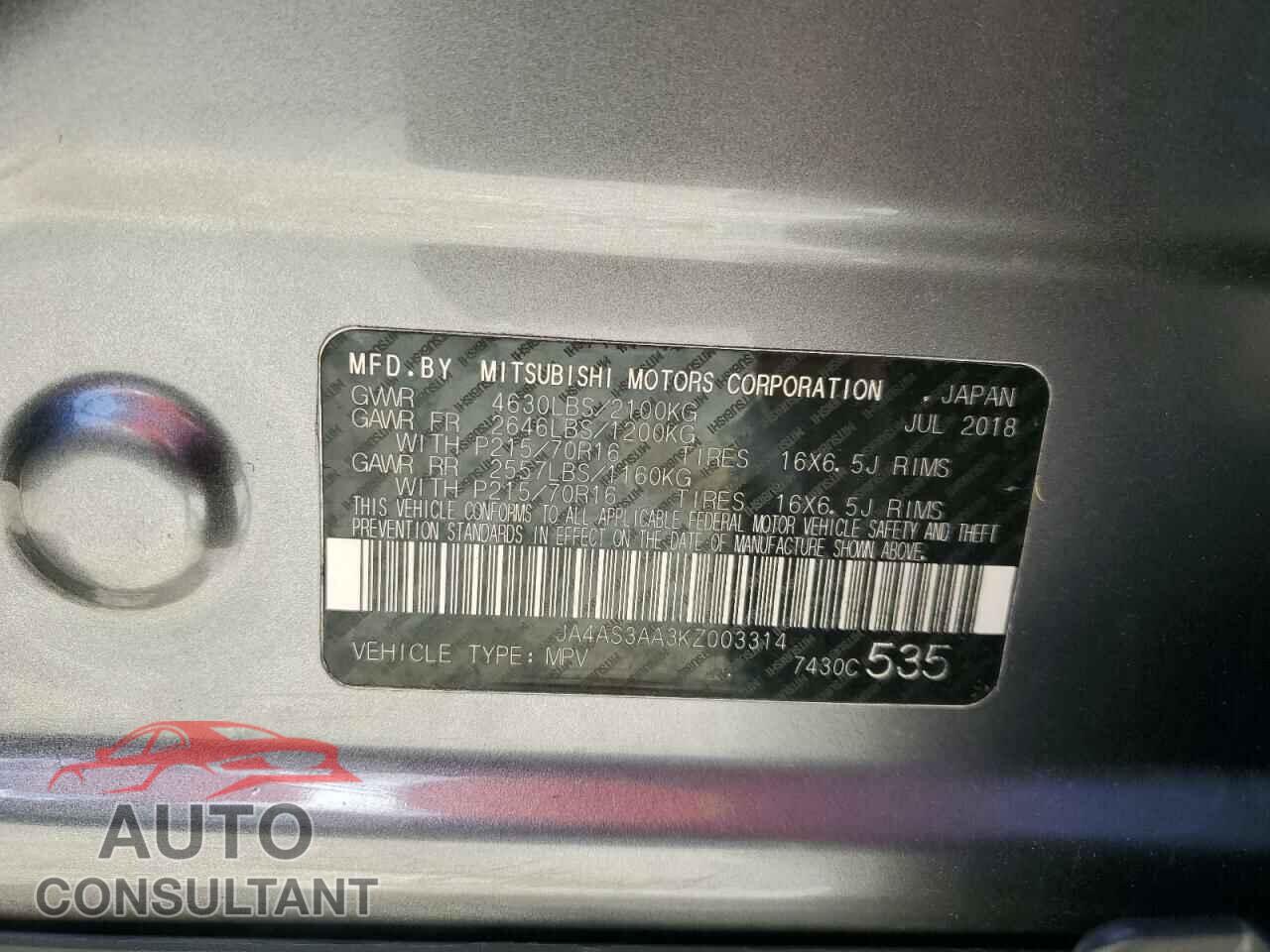 MITSUBISHI ECLIPSE 2019 - JA4AS3AA3KZ003314