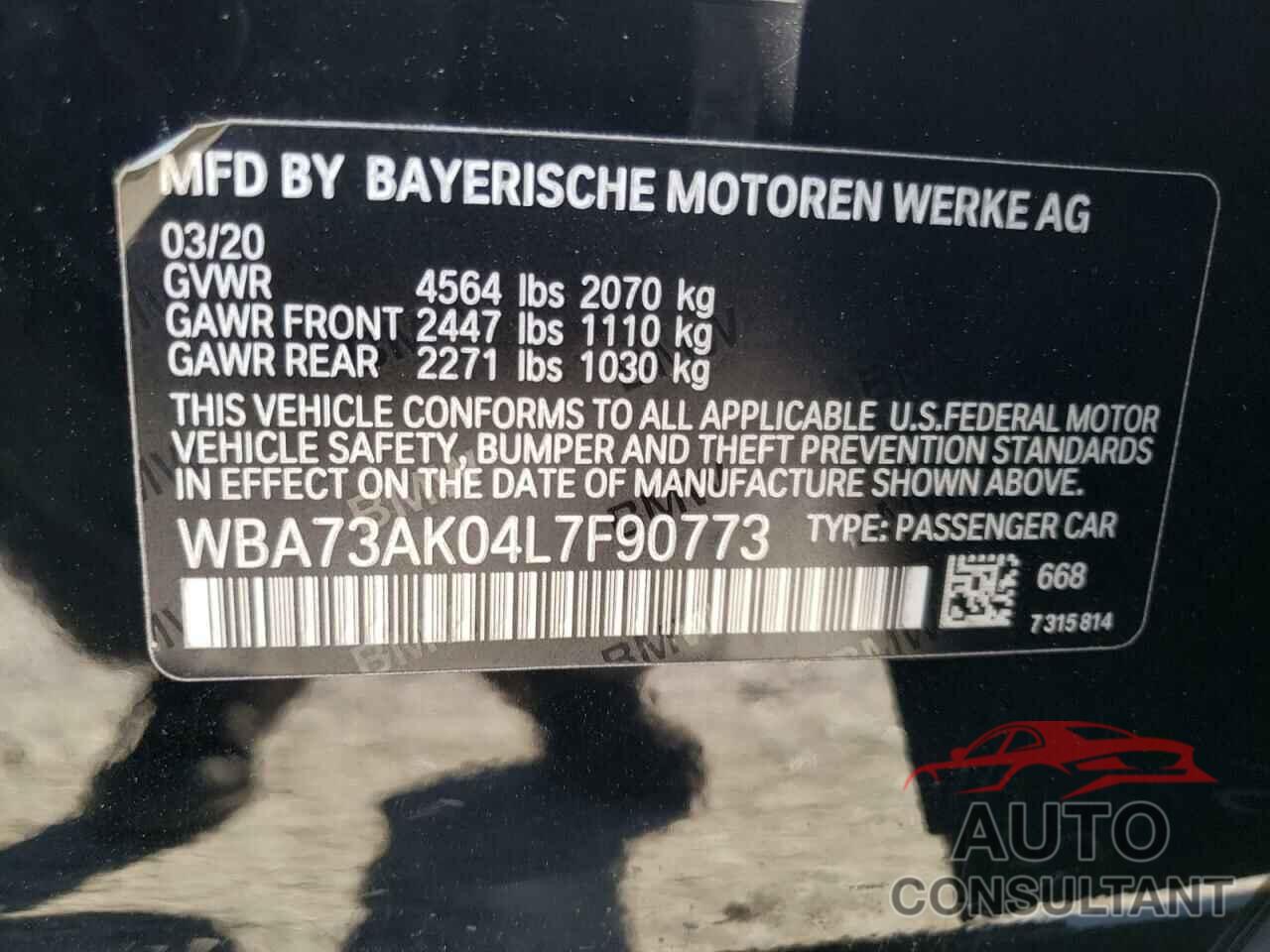 BMW 2 SERIES 2020 - WBA73AK04L7F90773