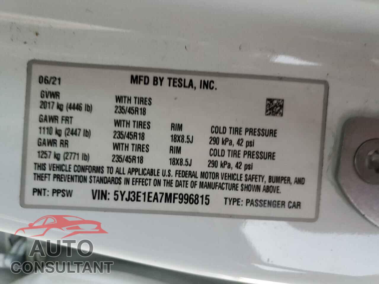 TESLA MODEL 3 2021 - 5YJ3E1EA7MF996815