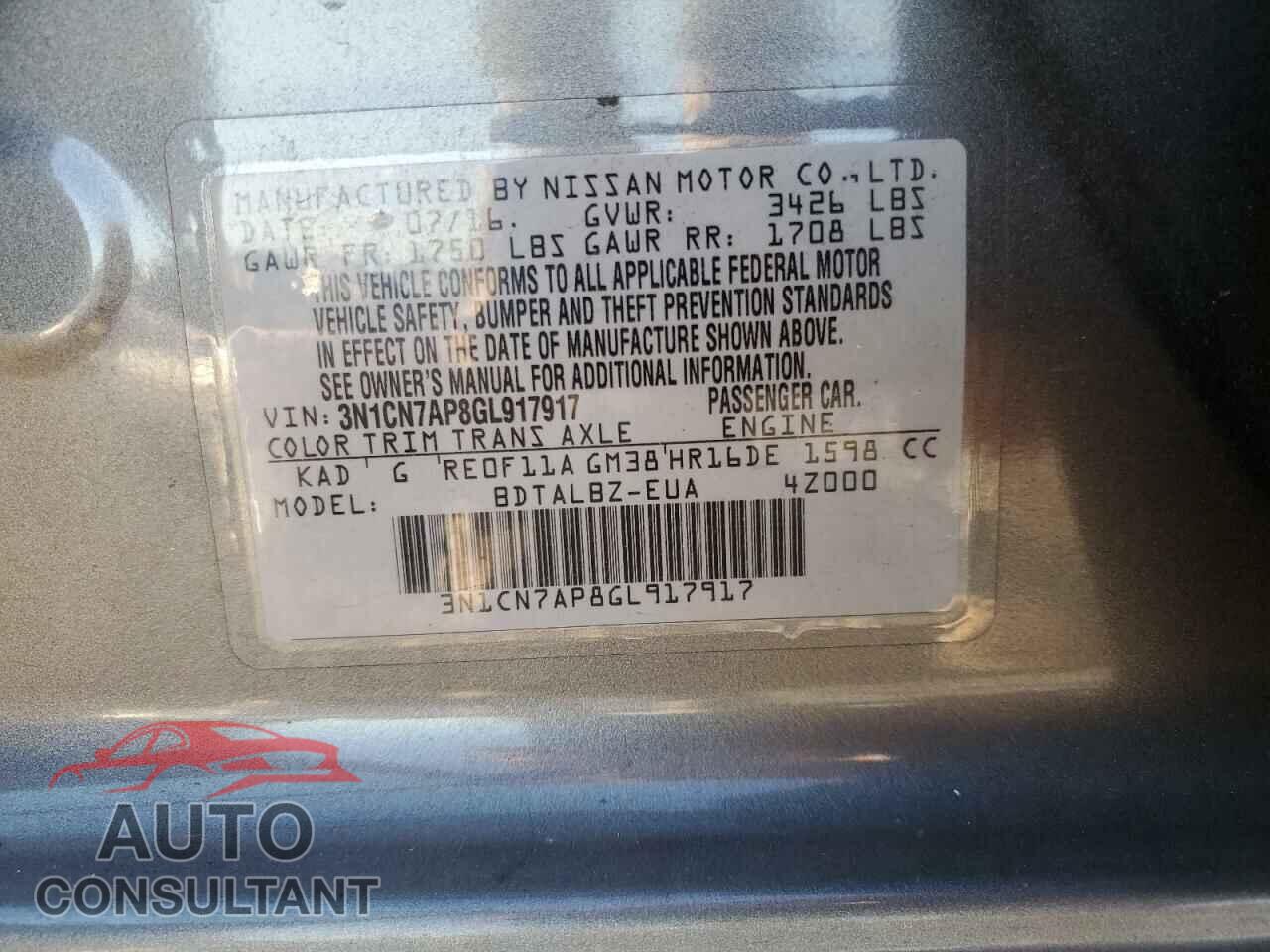 NISSAN VERSA 2016 - 3N1CN7AP8GL917917