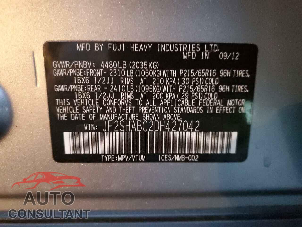 SUBARU FORESTER 2013 - JF2SHABC2DH427042