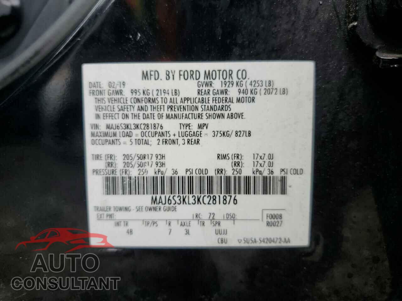 FORD ECOSPORT 2019 - MAJ6S3KL3KC281876