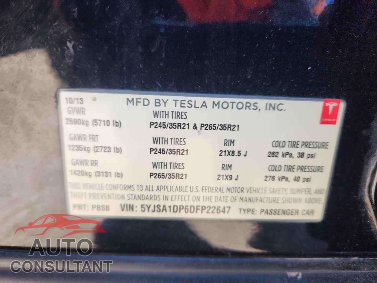 TESLA MODEL S 2013 - 5YJSA1DP6DFP22647