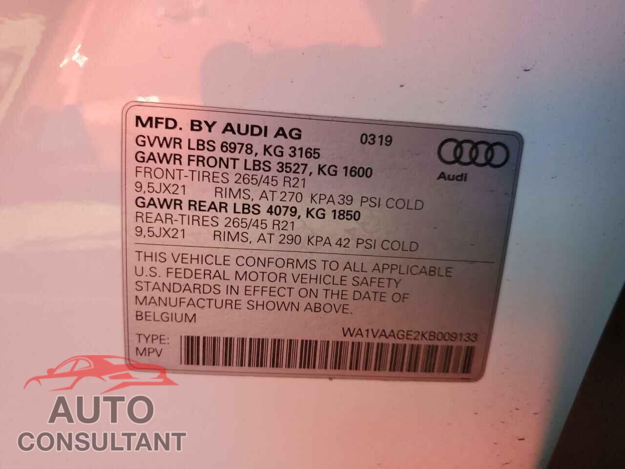 AUDI E-TRON 2019 - WA1VAAGE2KB009133