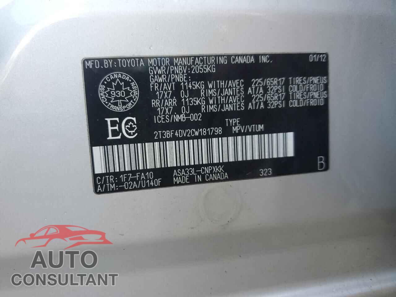 TOYOTA RAV4 2012 - 2T3BF4DV2CW181798