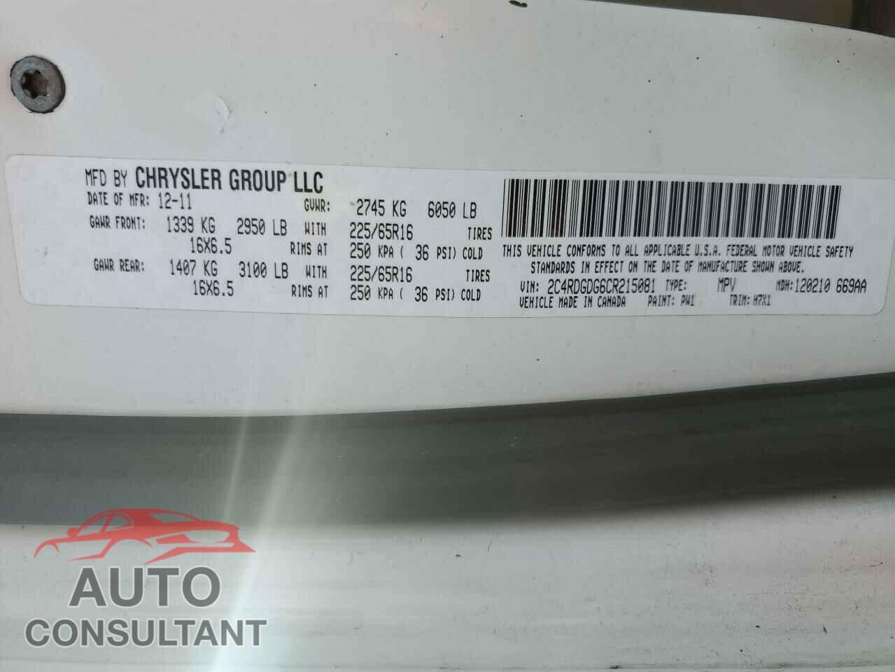 DODGE CARAVAN 2012 - 2C4RDGDG6CR215081