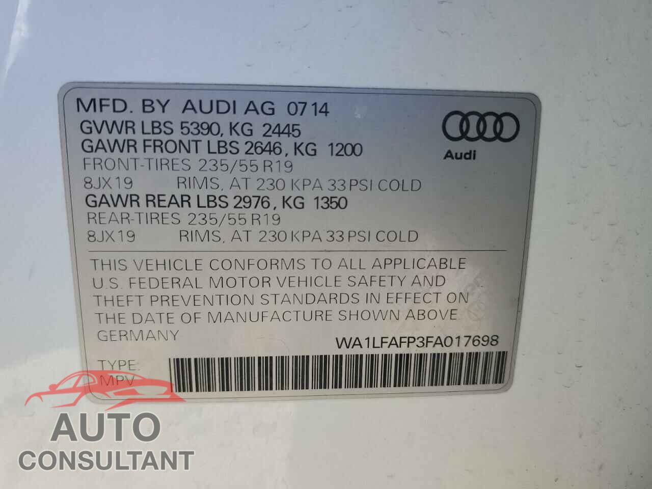 AUDI Q5 2015 - WA1LFAFP3FA017698