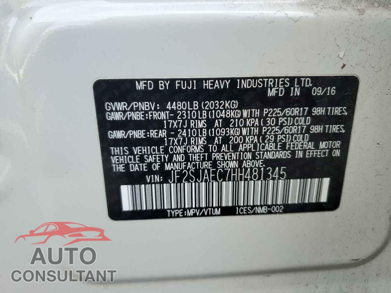 SUBARU FORESTER 2017 - JF2SJAEC7HH481345