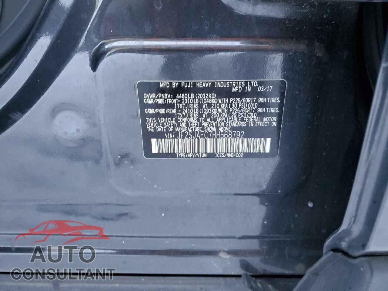 SUBARU FORESTER 2017 - JF2SJAEC7HH568792