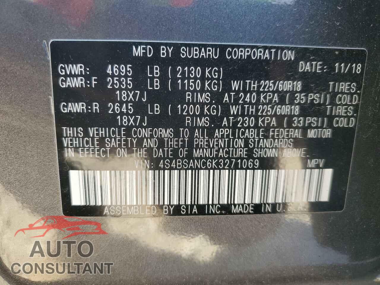 SUBARU OUTBACK 2019 - 4S4BSANC6K3271069