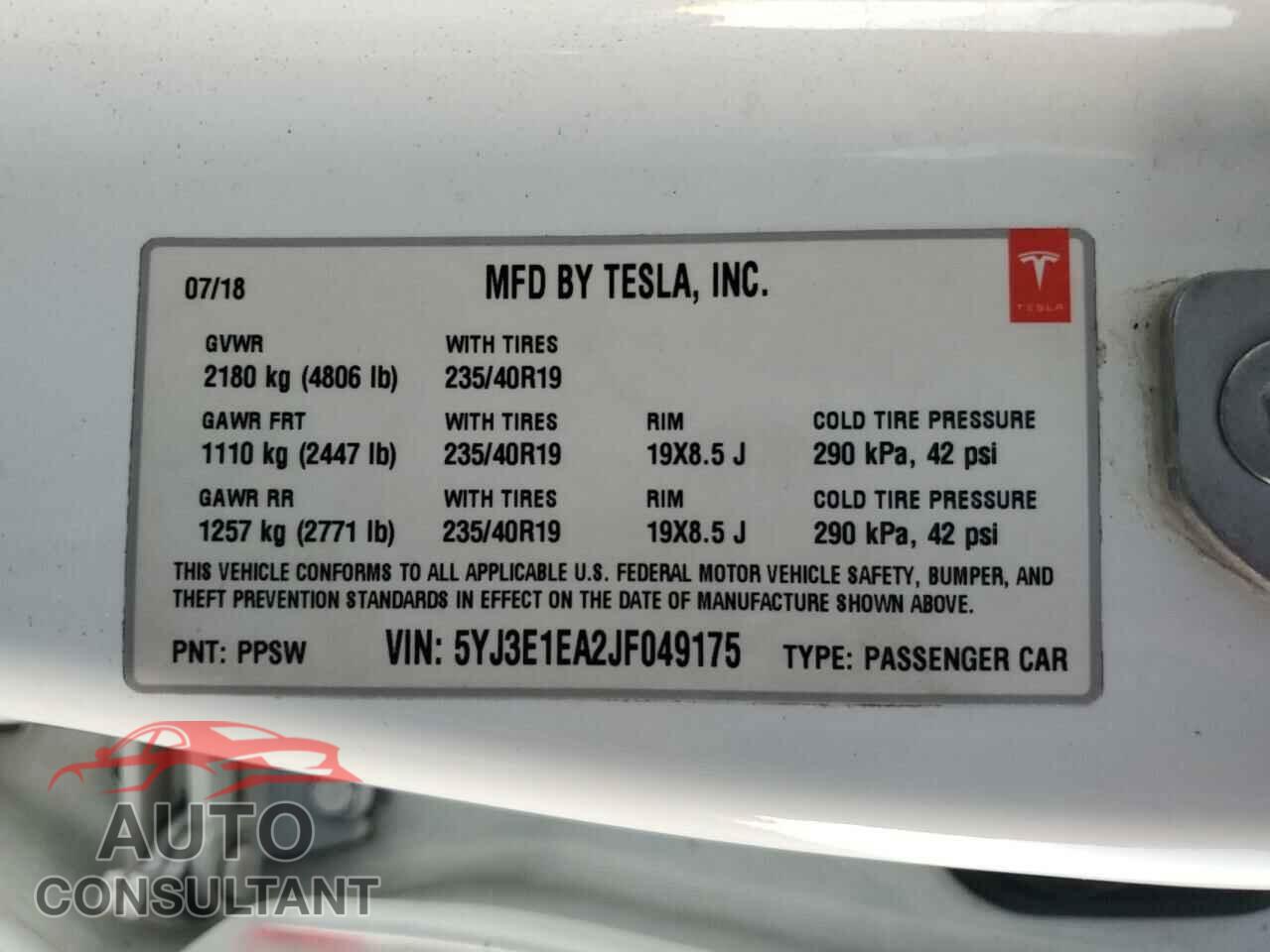 TESLA MODEL 3 2018 - 5YJ3E1EA2JF049175