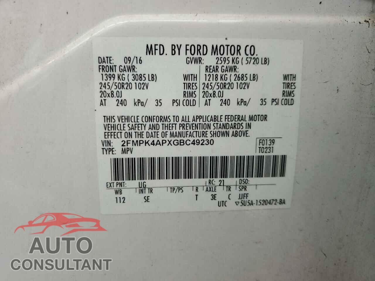 FORD EDGE 2016 - 2FMPK4APXGBC49230