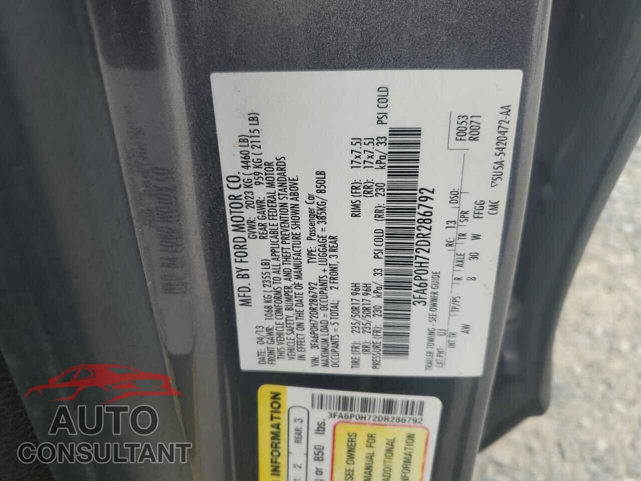 FORD FUSION 2013 - 3FA6P0H72DR286792