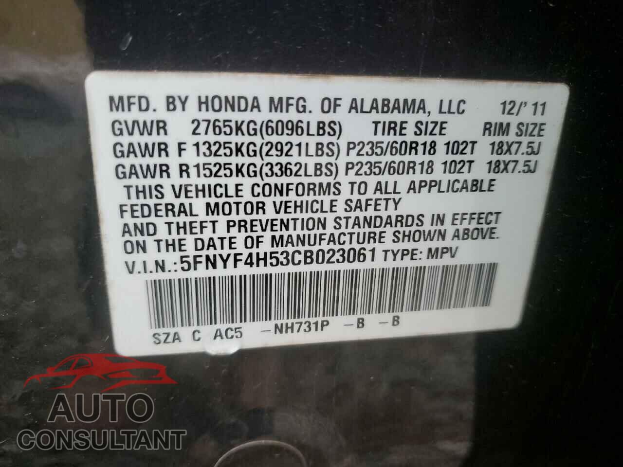 HONDA PILOT 2012 - 5FNYF4H53CB023061