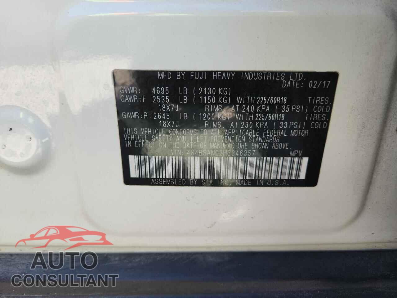 SUBARU OUTBACK 2017 - 4S4BSANC2H3346357