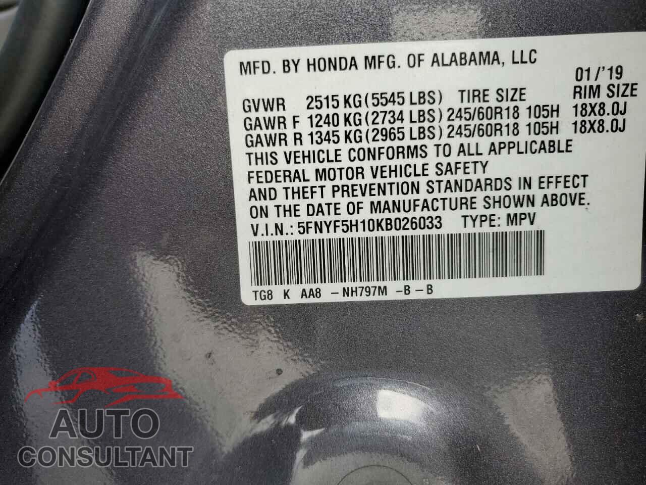 HONDA PILOT 2019 - 5FNYF5H10KB026033
