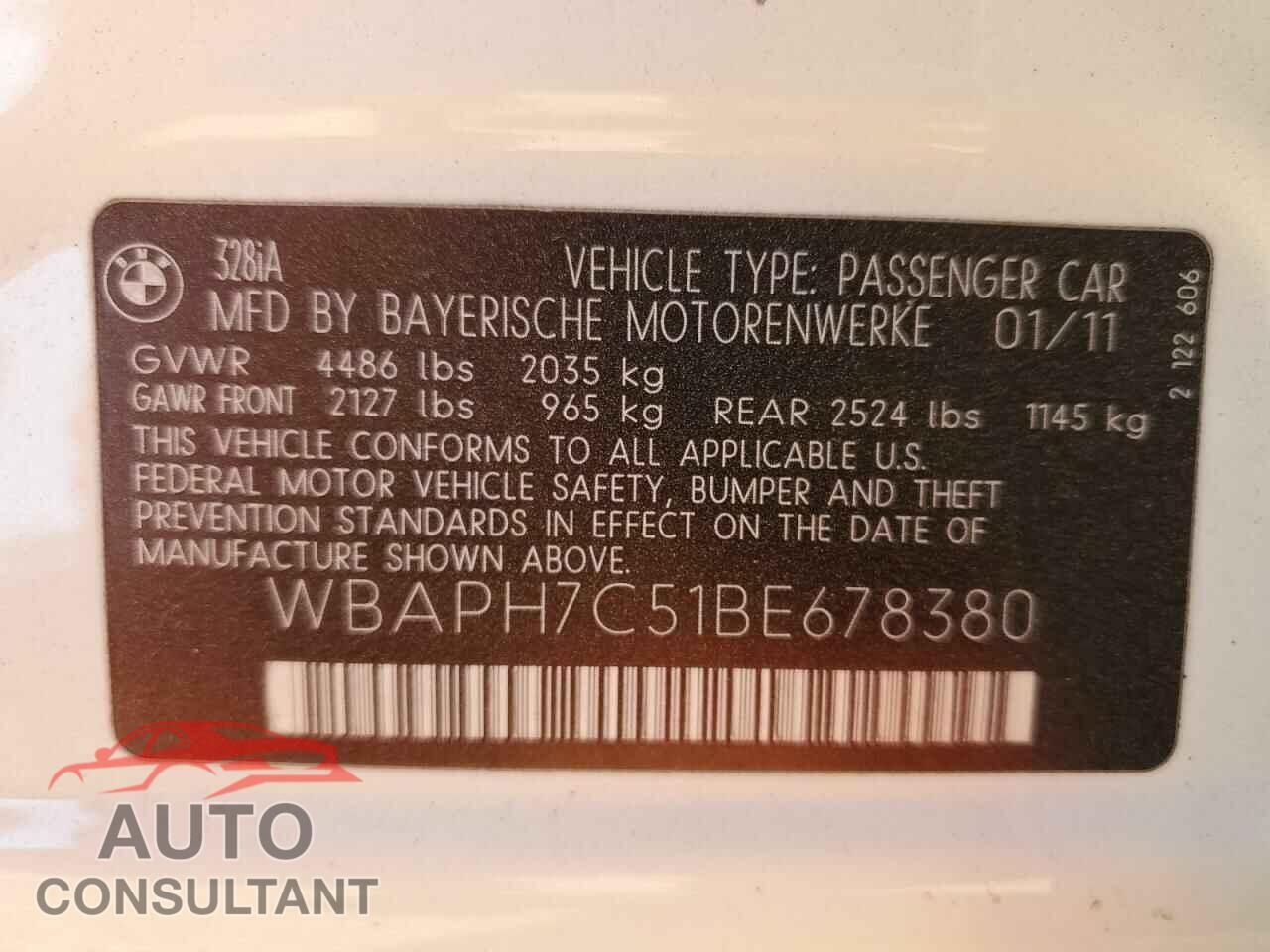 BMW 3 SERIES 2011 - WBAPH7C51BE678380
