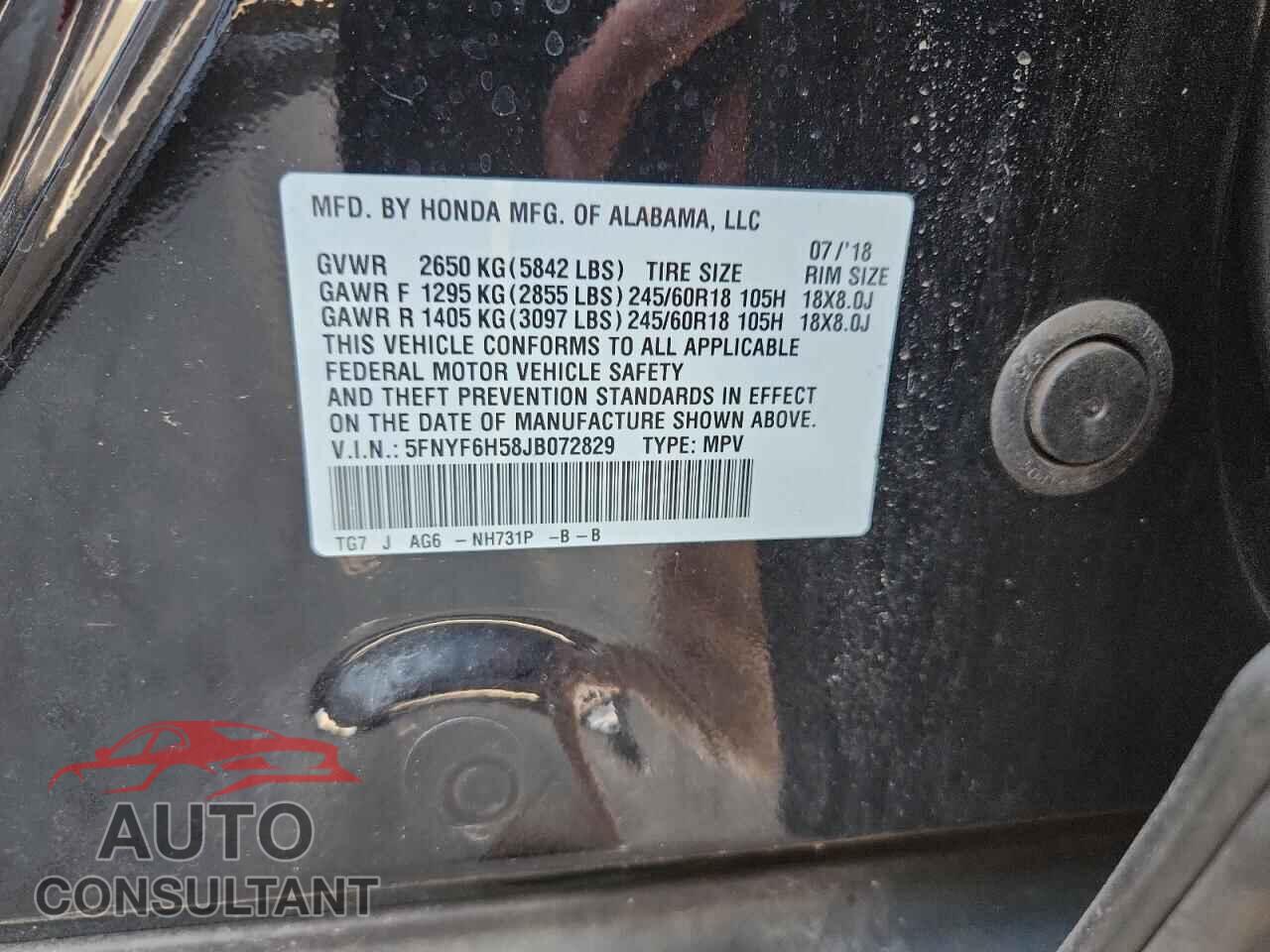 HONDA PILOT 2018 - 5FNYF6H58JB072829