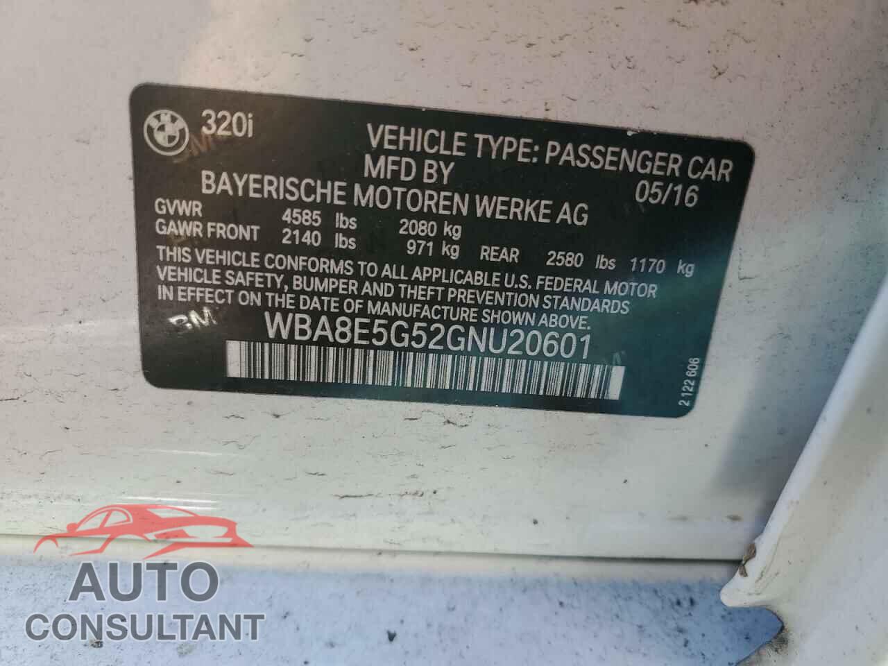 BMW 3 SERIES 2016 - WBA8E5G52GNU20601
