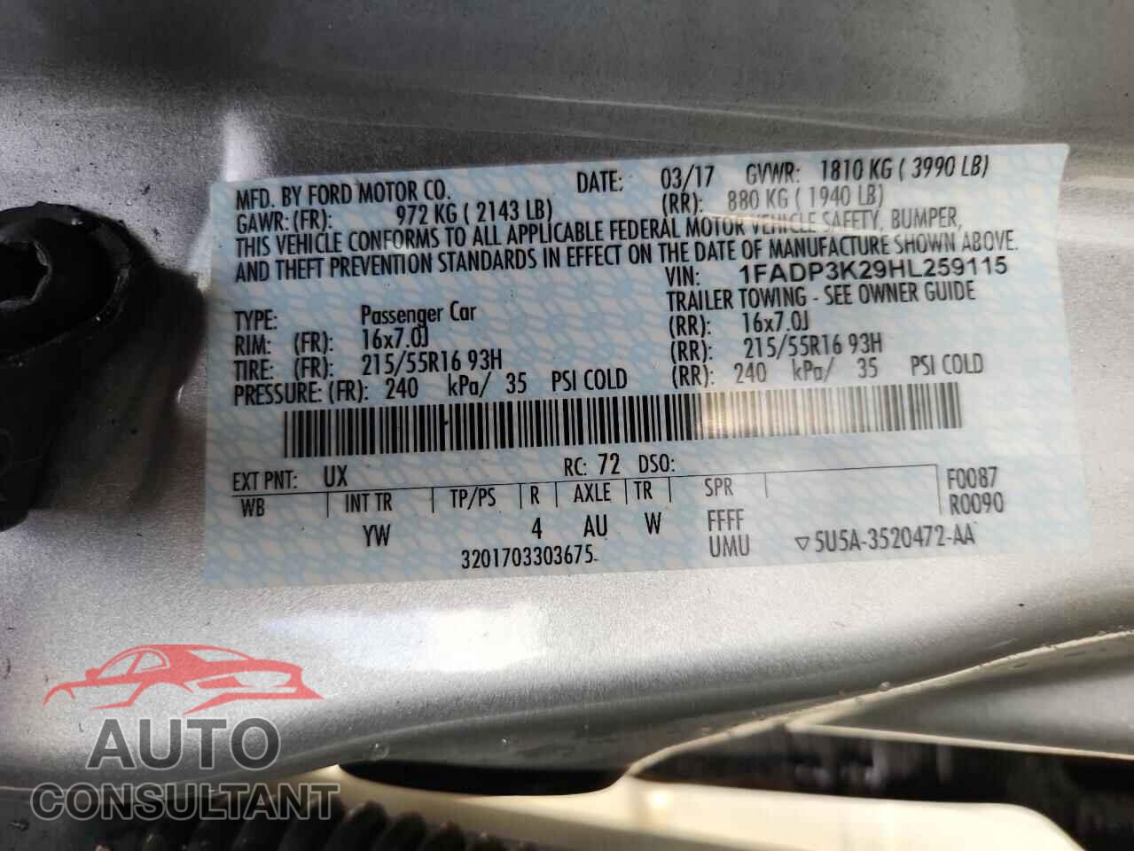 FORD FOCUS 2017 - 1FADP3K29HL259115