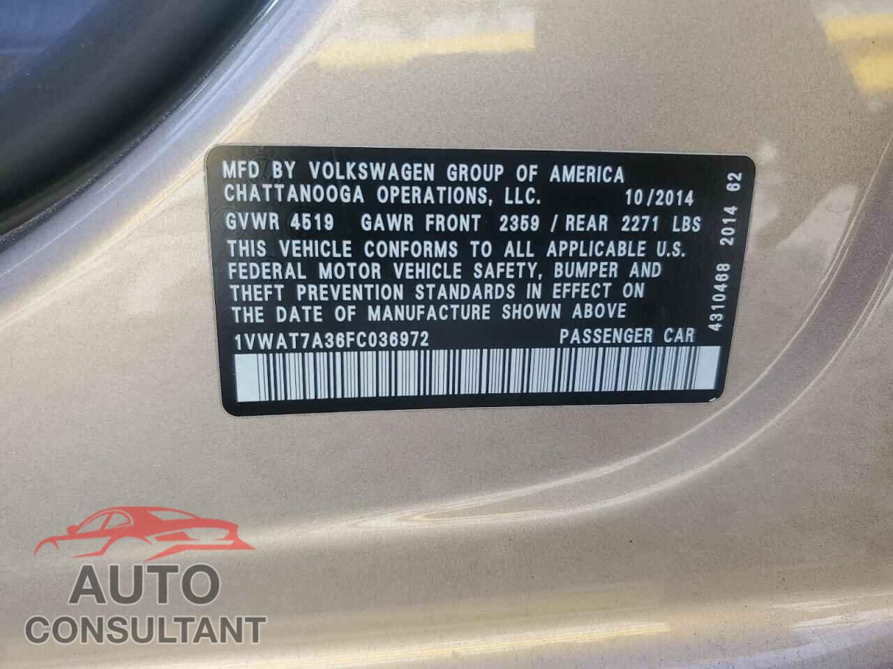 VOLKSWAGEN PASSAT 2015 - 1VWAT7A36FC036972