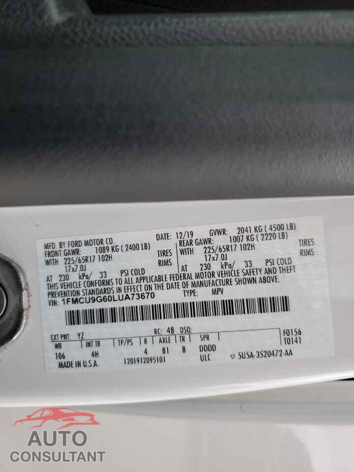 FORD ESCAPE 2020 - 1FMCU9G60LUA73670