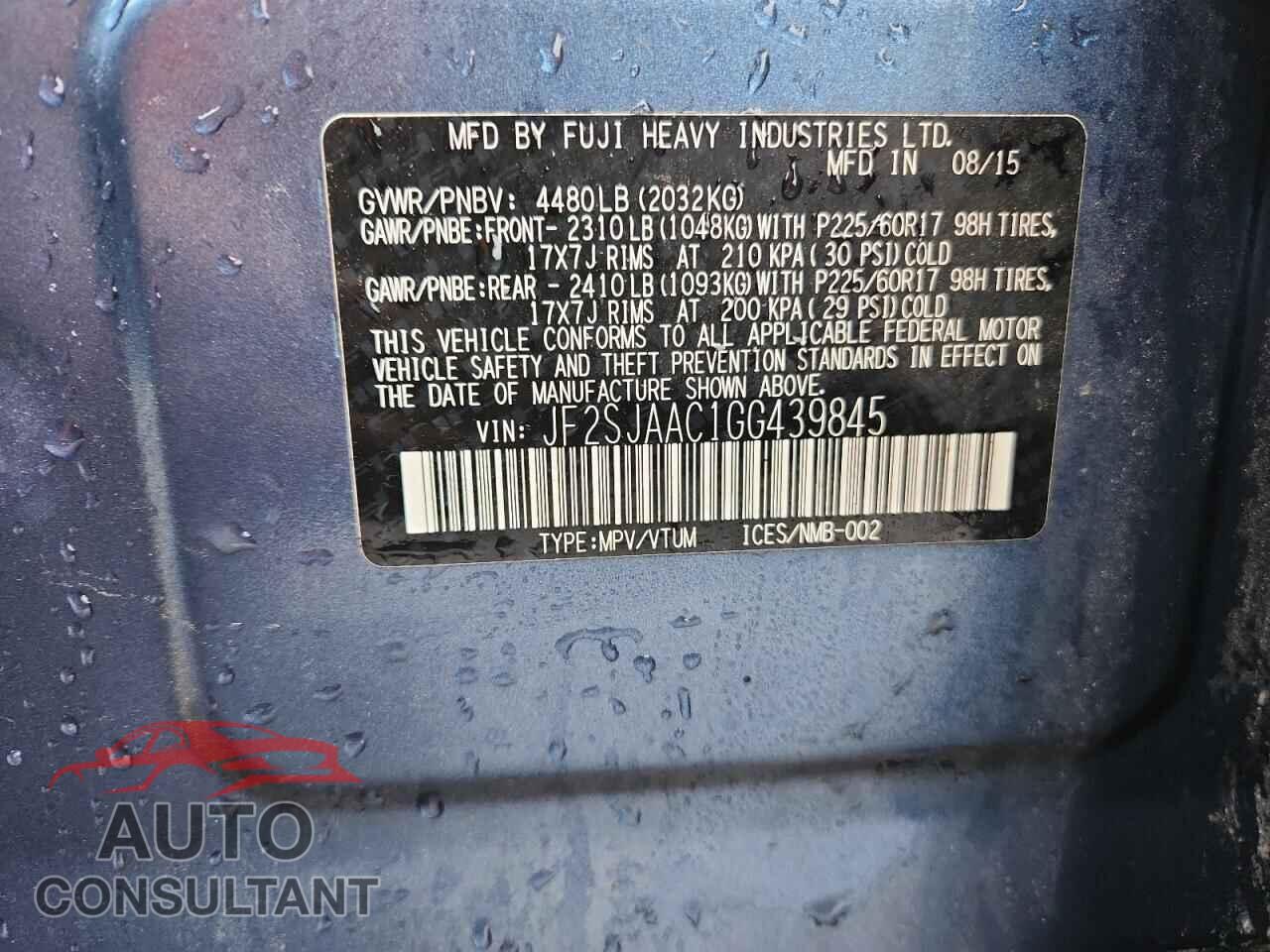 SUBARU FORESTER 2016 - JF2SJAAC1GG439845